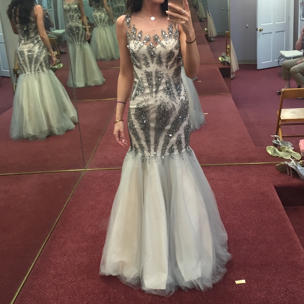 Size 0 Terani Couture Champagne Gown with Beading and Sequins